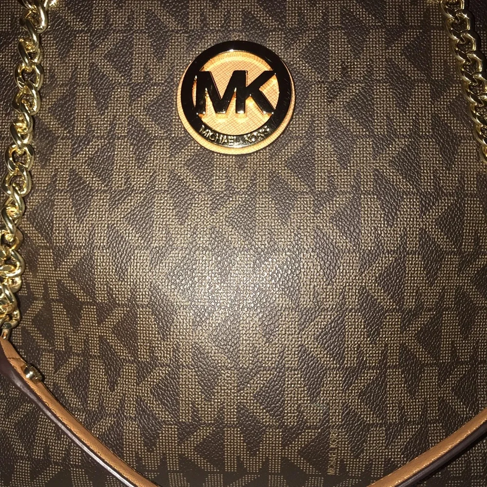 Michael Kors Brown Signature MK Logo Tote Bag with Gold Chain New without tags